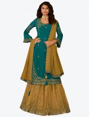 Teal Chinon Chiffon Designer Party Wear Suit With Lehenga Bottom small FABSL20568