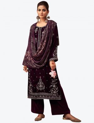 Dark Purple Embroidered Pure Velvet Designer Straight Suit with Dupatta FABSL20590