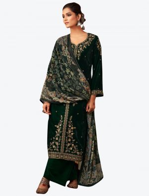 Deep Green Embroidered Pure Velvet Designer Straight Suit with Dupatta FABSL20589