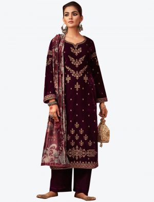 Deep Wine Embroidered Pure Velvet Designer Straight Suit with Dupatta FABSL20586