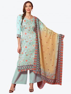 Light Turquoise Cotton Festive Wear Straight Suit with Dupatta FABSL20651