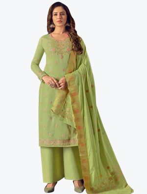 Green Cotton Jacquard Designer Palazzo Suit with Dupatta small FABSL20870