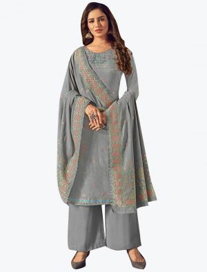 Grey Cotton Jacquard Designer Palazzo Suit with Dupatta small FABSL20872