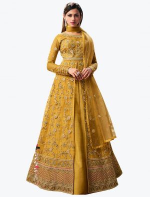 Golden Yellow Net Party Wear Premium Designer Anarkali Suit small FABSL20901