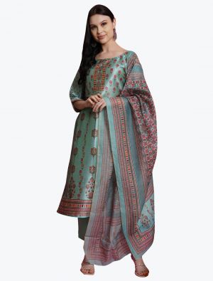 Aqua Green Silk Blend Digital Printed Festive Wear Salwar Suit small FABSL21017