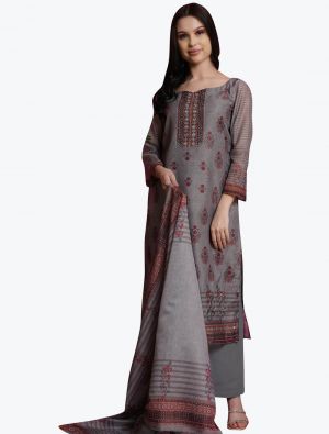 Steel Grey Chanderi Digital Printed Festive Wear Salwar Suit small FABSL21012