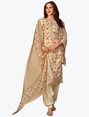 Deep Cream Muslin Embroidered Designer Patiala Suit with Dupatta small FABSL21089