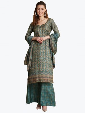 Green Tussar Silk Salwar Suit with Digital Printed Dupatta small FABSL21056
