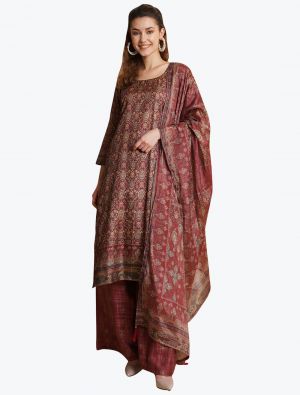 Maroon Tussar Silk Salwar Suit with Digital Printed Dupatta small FABSL21058