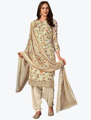 Off White Muslin Embroidered Designer Patiala Suit with Dupatta small FABSL21088