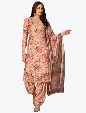 Royal Peach Muslin Embroidered Designer Patiala Suit with Dupatta small FABSL21087