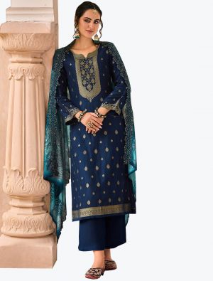 Navy Blue Pure Silk Jacquard Designer Palazzo Suit with Dupatta small FABSL21115