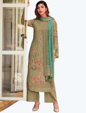 Olive Green Muslin Palazzo Suit with Thread Work And Sequin small FABSL21108