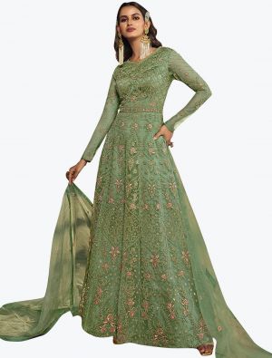 Pista Green Net Designer Anarkali Floor Length Suit small FABSL21126