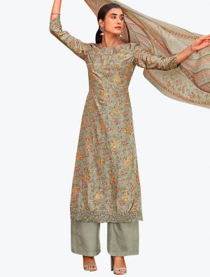 Silver Grey Dola Silk Jacquard Embroidered Designer Palazzo Suit small FABSL21097