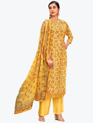 Sunny Yellow Dola Silk Jacquard Embroidered Designer Palazzo Suit small FABSL21099
