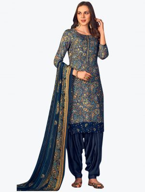 Deep Blue Muslin Digital Printed Embroidered Patiala Suit small FABSL21160