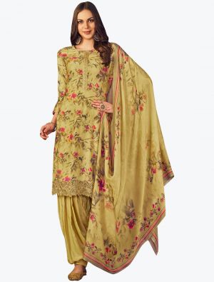 Dusty Yellow Muslin Digital Printed Embroidered Patiala Suit small FABSL21158