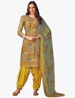 Multicolor Muslin Digital Printed Embroidered Patiala Suit small FABSL21154