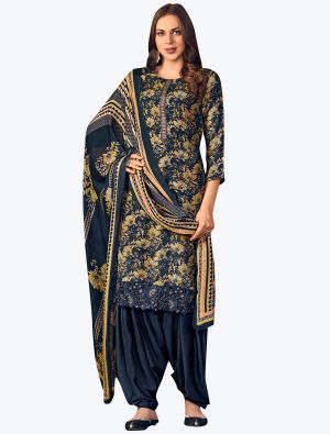 Navy Blue Muslin Digital Printed Embroidered Patiala Suit small FABSL21156