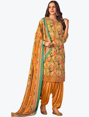 Orange Muslin Digital Printed Embroidered Patiala Suit small FABSL21161