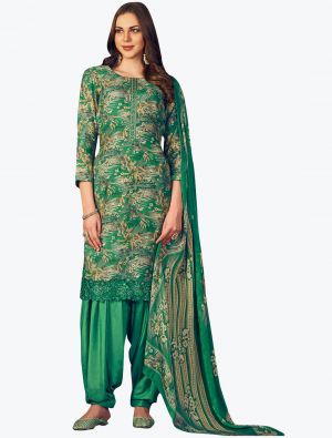 Sea Green Muslin Digital Printed Embroidered Patiala Suit small FABSL21155