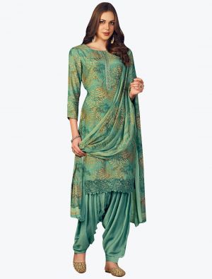 Turquoise Muslin Digital Printed Embroidered Patiala Suit small FABSL21159