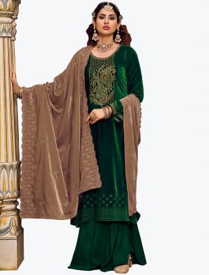 Bottle Green Premium Velvet Salwar Suit With Thread Work small FABSL21188