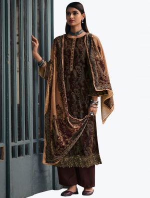 Dark Brown Velvet Digital Printed Winter Salwar Suit small FABSL21185