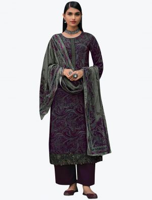 Dark Purple Velvet Digital Printed Winter Salwar Suit small FABSL21183