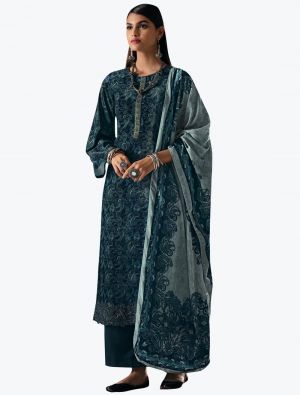 Dark Teal Velvet Digital Printed Winter Salwar Suit small FABSL21184
