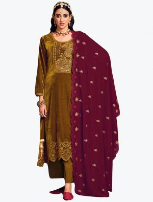 Deep Gold Premium Velvet Salwar Suit With Thread Work small FABSL21187