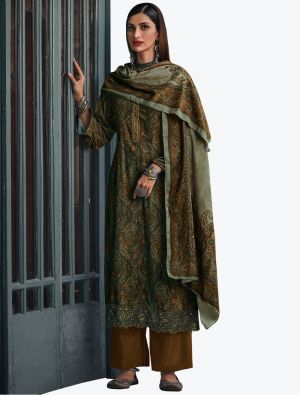 Greenish Brown Velvet Digital Printed Winter Salwar Suit small FABSL21182