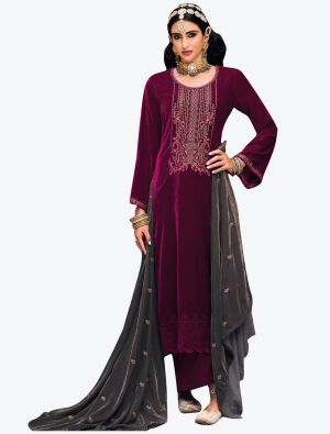 Rich Wine Premium Velvet Salwar Suit With Thread Work small FABSL21190