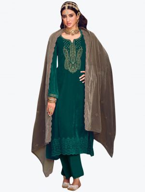 Teal Green Premium Velvet Salwar Suit With Thread Work small FABSL21189