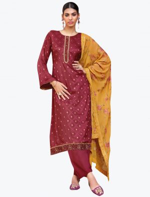 Maroon Silk Jacquard Embroidered Salwar Suit small FABSL21222