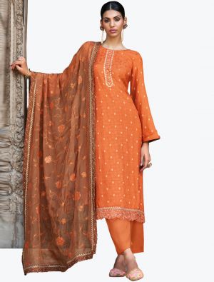 Orange Silk Jacquard Embroidered Salwar Suit small FABSL21219