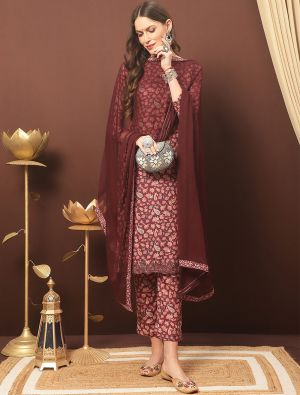 Dark Maroon Cotton Blend Palazzo Suit With Kashmiri Print small FABSL21329
