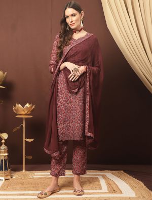 Deep Maroon Cotton Blend Palazzo Suit With Kashmiri Print small FABSL21327