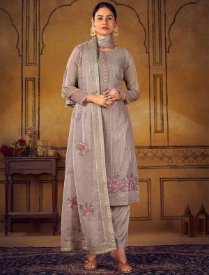 Grey Uppada Silk Salwar Suit With Thread Work And Sequin small FABSL21293