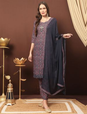 Navy Blue Cotton Blend Palazzo Suit With Kashmiri Print small FABSL21324