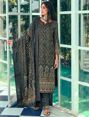 Denim Blue Cotton Blend Palazzo Suit With Thread Work small FABSL21385