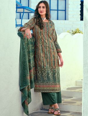 Green Cotton Blend Palazzo Suit With Thread Work small FABSL21379