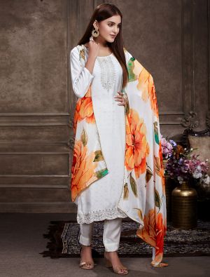 Off White Muslin Embroidered Salwar Kameez small FABSL21361