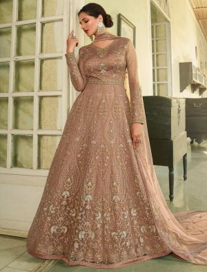 Peach Net Semi Stitched Designer Gown Style Suit small FABSL21344