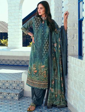 Teal Cotton Blend Palazzo Suit With Thread Work small FABSL21381