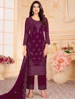 Wine Georgette Palazzo Suit With Floral Cording small FABSL21349
