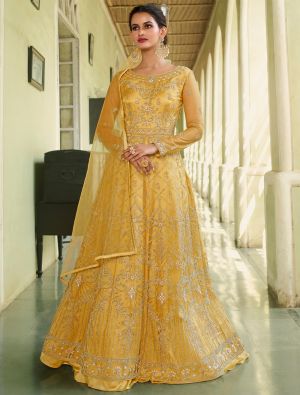 Yellow Net Semi Stitched Designer Gown Style Suit small FABSL21342