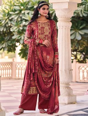 Maroon Pure Muslin Jacquard Woven Palazzo Suit small FABSL21452