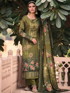 Olive Green Pure Muslin Jacquard Woven Palazzo Suit small FABSL21456
